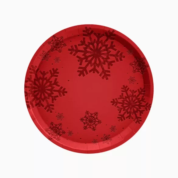 Piros csillámos hópehely papírtányér - 23 cm