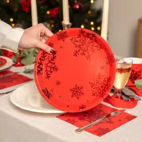 Piros csillámos hópehely papírtányér - 23 cm