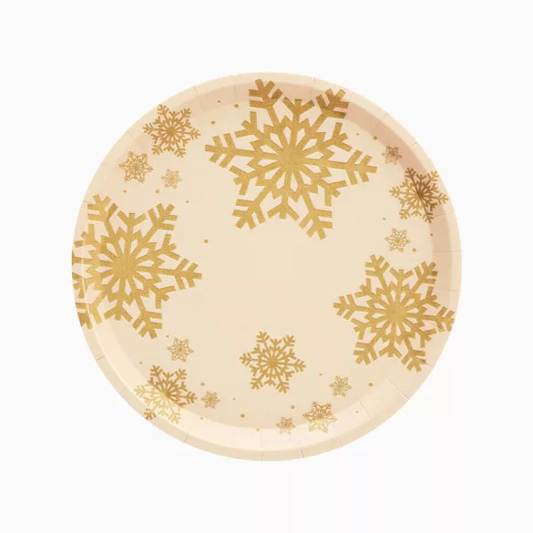 Arany csillámos hópehely papírtányér - 23 cm