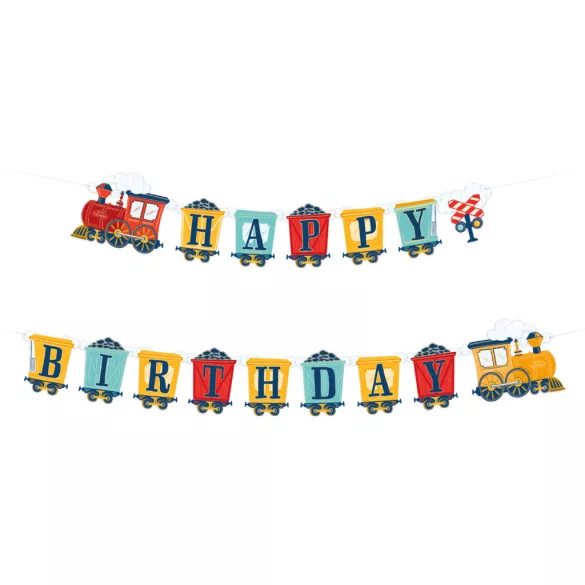 Vonatos Happy Birthday felirat - 240 × 19,5 cm