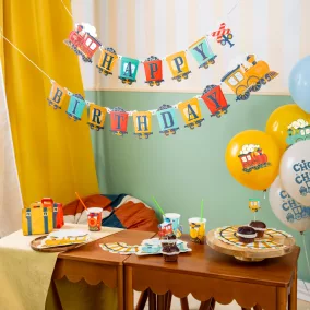 Vonatos Happy Birthday felirat - 240 × 19,5 cm