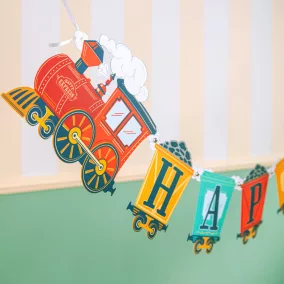 Vonatos Happy Birthday felirat - 240 × 19,5 cm