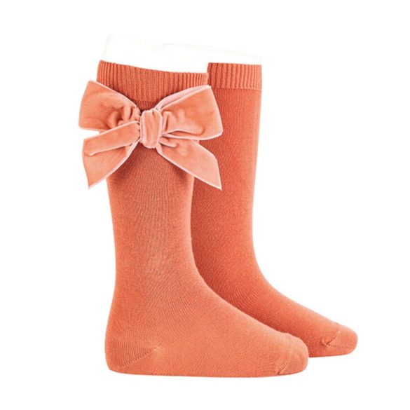 Magasszárú zokni bársony masnival - őszibarack - 4-6 év