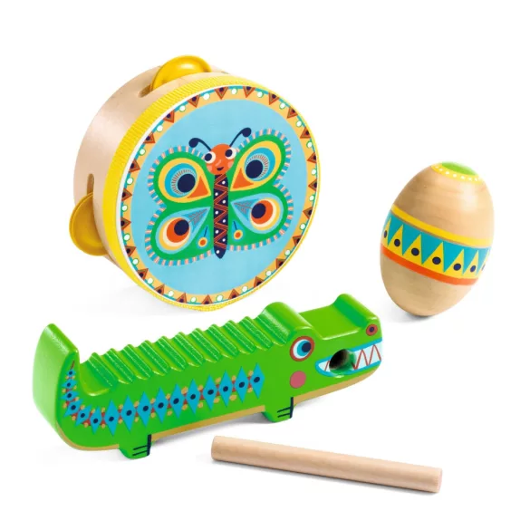 Tamburin, maracas, guiro - Djeco fa játékhangszer készlet