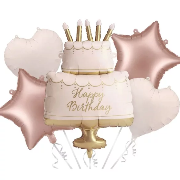 Pasztell tortás Happy Birthday fólia lufi szett - 5 db