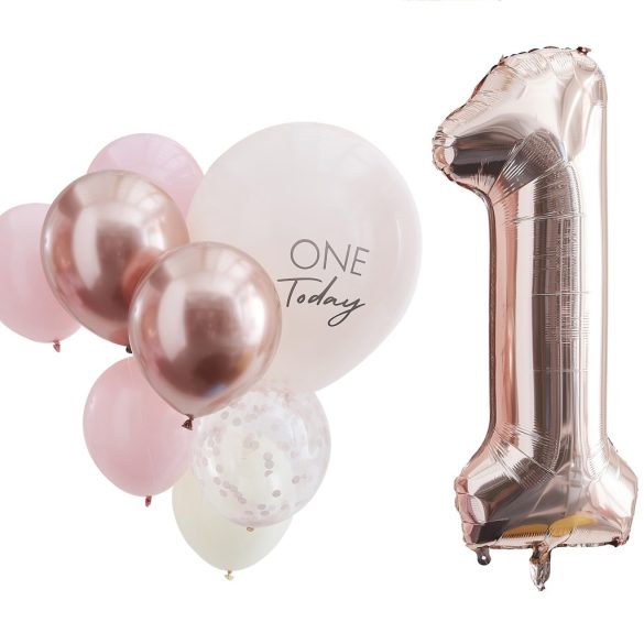 Púder és Rosegold léggömbök - Partycsomag első szülinapra