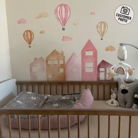 Akvarell hőlégballon falmatrica – naplemente színvilág