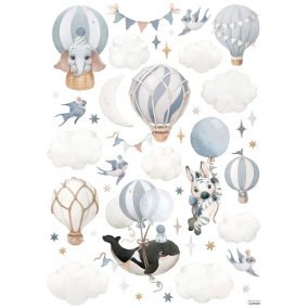 Állatok és Kék Hőlégballonok Falmatrica