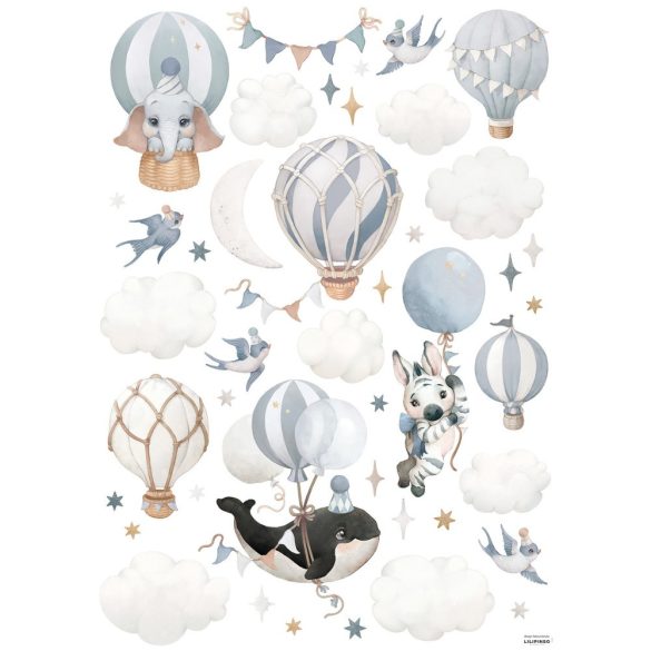 Állatok és Kék Hőlégballonok Falmatrica