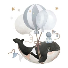 Repülő bálna kék léggömbbel falmatrica