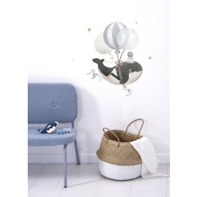 Repülő bálna kék léggömbbel falmatrica