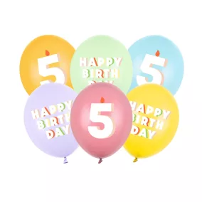   5-ös Happy Birthday Lufik - 30 cm – Pasztell színű vegyes szett 6 db
