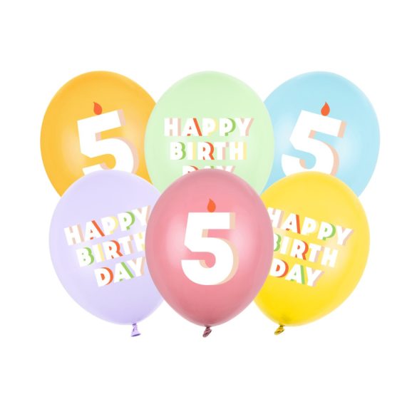 5-ös Happy Birthday Lufik - 30 cm – Pasztell színű vegyes szett 6 db