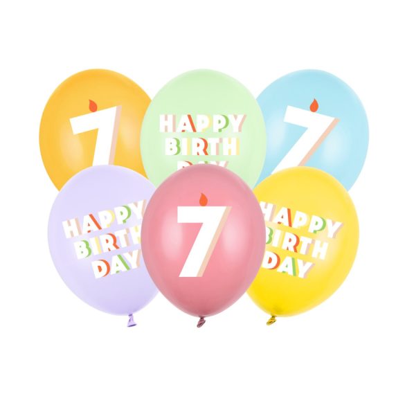 7-es Happy Birthday Lufik - 30 cm – Pasztell színű vegyes szett 6 db