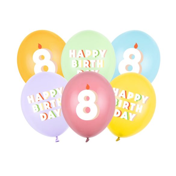 8-as Happy Birthday Lufik - 30 cm – Pasztell színű vegyes szett 6 db
