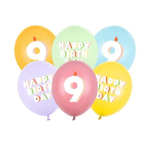 9-es Happy Birthday Lufik - 30 cm – Pasztell színű vegyes szett 6 db
