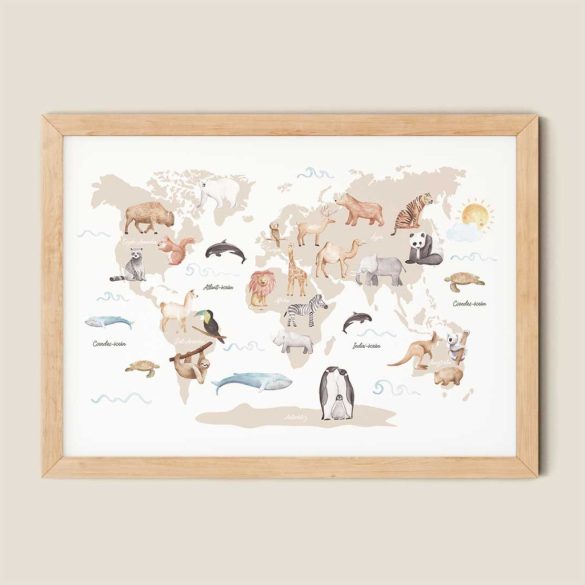 Állatos világtérkép – bézs kontinensek - 30x42 cm