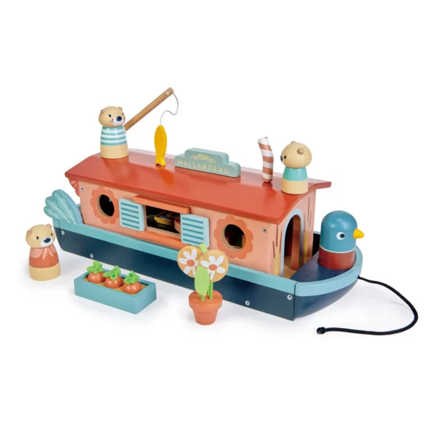 Tender Leaf Toys Csatornahajó 3 vidrafigurával és kiegészítőkkel