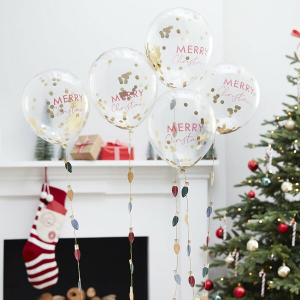 Merry Christmas fólia lufi konfettikkel és villanykörte fűzérrel