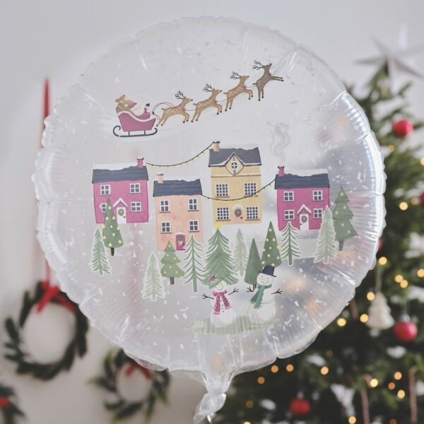 Karácsonyi jelenet fólia lufi hópehely konfettikkel