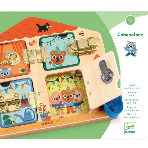 Ügyesítő játék - Bezáró-kinyitó - Cabanalock - Djeco fa készségfejlesztő játék